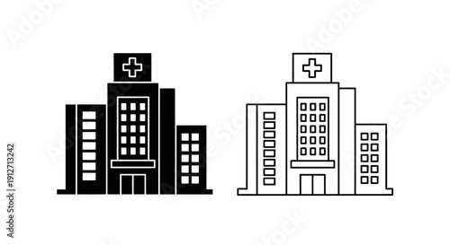 Two hospitals with a cross on the roof, black and white icon illustration Vector