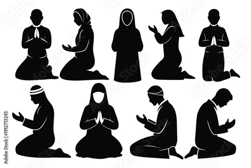 Muslim prayer silhouette set 