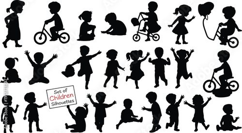 Set of Children Silhouettes Playing and Riding Bicycles, Happy Kids Vector Collection, Toddlers Running, Jumping, Sitting and Having Fun Outdoors