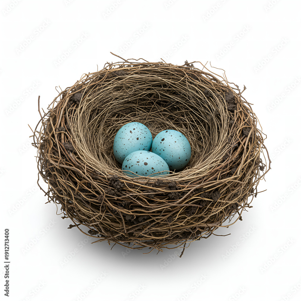 Obraz premium Delicate bird's nest crafted from natural twigs and straw, holding three vibrant blue speckled eggs, representing new beginnings and the essence of spring, isolated on white
