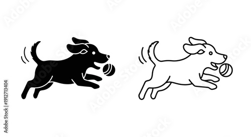 Two dogs running with tennis balls, black and white dogs, playful pets, active dogs, Vector