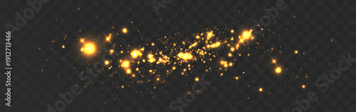 Glowing golden sparkles and light particles isolated on transparent background, magical glitter dust with shining stars and glowing bokeh effect.
