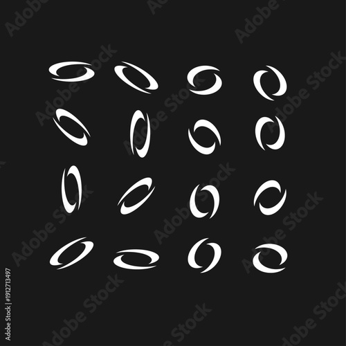 Collection of Abstract Dynamic White Oval Logo Shapes on Black Background