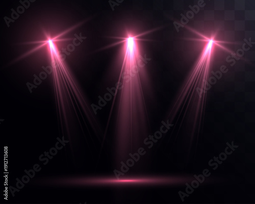 Pink glowing stage spotlights on black background, realistic light beams with dramatic rays and flare effect.
