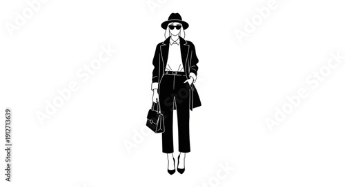 Stylish woman in black hat and jacket with handbag fashion illustration.