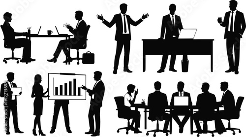 Silhouette of business people working in office, corporate team meeting, professional colleagues giving presentation with charts, working on laptop set