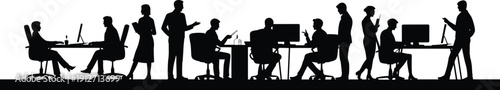 Silhouette of diverse business professionals working in a modern office environment, collaborating at desks with computers for corporate teamwork and success