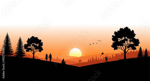 Sunset landscape with silhouetted trees and people walking in nature.