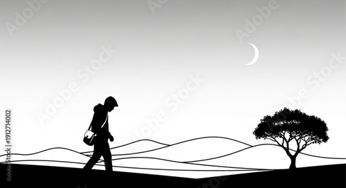Silhouette of a lone traveler walking across a barren landscape.