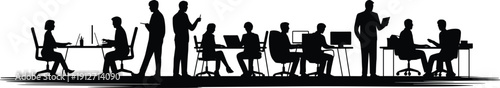 Silhouette of diverse business professionals working in a modern office, collaborating at desks with computers for corporate teamwork and success