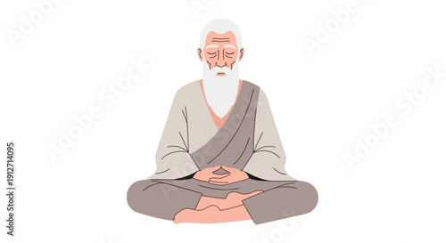 An elderly monk meditating peacefully in a serene environment with shapes and lines