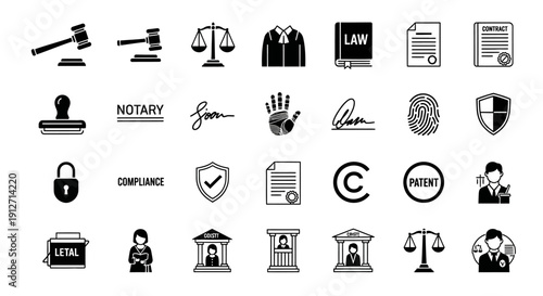 Collection of legal icons representing law and justice in black and white.
