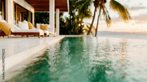 An inviting poolside scene featuring serene waters with tropical palm trees, creating a relaxing atmosphere at sunset, perfect for unwinding and enjoying nature's beauty.