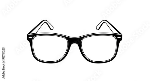 Black framed eyeglasses on a white background.
