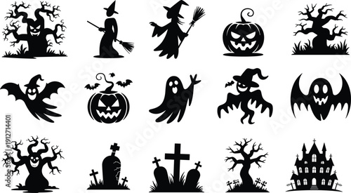 Halloween silhouette icons, spooky design symbols, vector illustration, black art, minimal layout, eerie graphics
