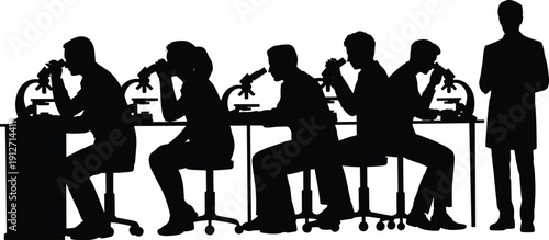 Silhouette of professional scientists and medical students using microscopes in a laboratory for clinical research, scientific education, and biological discovery