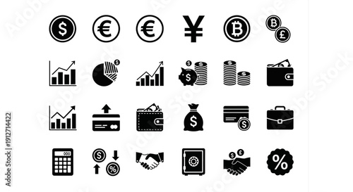 Collection of Finance and Business Icons on White Background.