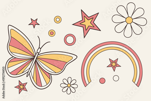 Small vector set of Y2K design elements. Trendy abstract minimalist figures, stars, flowers, circles. Vector illustration 2