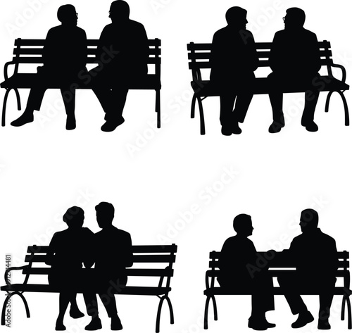 Silhouette of senior couple sitting on park bench talking together, elderly people resting in outdoor garden, retired man and woman set