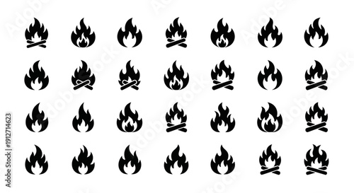 Collection of Fire Icons Representing Flames and Bonfires.