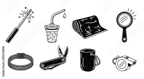 Camping Accessories and Outdoor Essentials Icons Vector