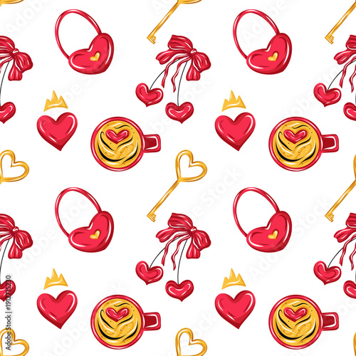 Seamless Valentine Day pattern with hearts, coffee cups, keys, bows and romantic symbols, vector in cute hand drawn cartoon style for textiles, wallpaper, wrapping, packaging and love themed designs