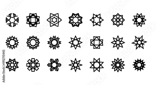 Collection of Geometric Star Icons in Black and White.