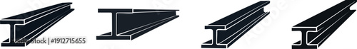 Four black steel I-beams shown in different angles on a white background.