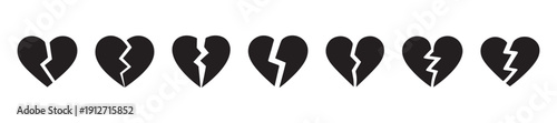 Broken love heart vector icon set. Love Heart black icon set. vector illustration