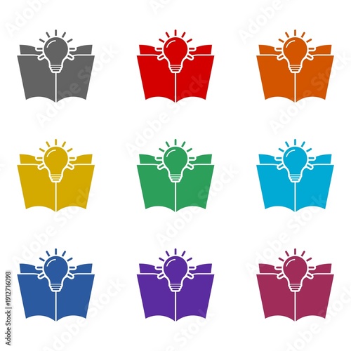 Open book with light bulb icon isolated on white background. Set icons colorful