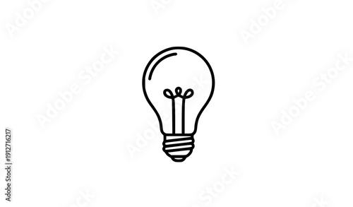 A minimalist geometric light bulb line icon vector with symmetrical proportions centered on a solid white background. The bulb is constructed with smooth continuous stroke lines and open negative spac