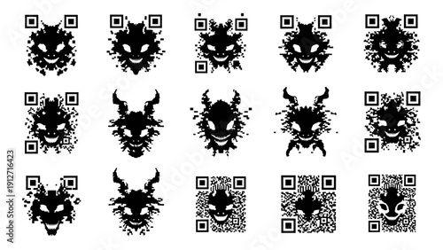 menacing qr code monster face set featuring sharp teeth and pixelated glitch art for cybersecurity dark tech or halloween themes.