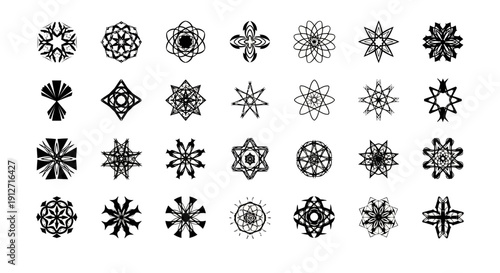 Collection of Abstract Geometric Floral Ornaments in Black and White.