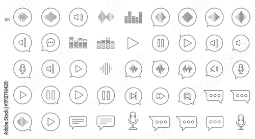 minimal line art vector icons for uiux design featuring essential audio playback communication and volume symbols for modern web and app interfaces.