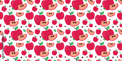 red apple fruit seamless pattern flat design background. healthy food, fresh produce illustration for packaging, wallpaper, textile print, and web design. simple vector. pattern with white background
