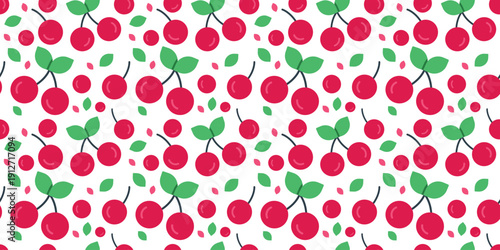 cherry fruit seamless pattern flat design red background. fresh produce, healthy food illustration for packaging, textile print, wallpaper, or web design. simple vector. pattern with white background