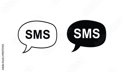 Two speech bubbles with sms text, one black and one white, on a pure for messaging or communication concepts