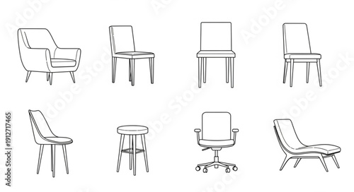 Collection of Eight Chair Illustrations in Sketch Style.