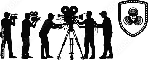 Film production crew silhouette working with professional movie cameras and equipment on set, cinema industry creative team behind the scenes filmmaking process