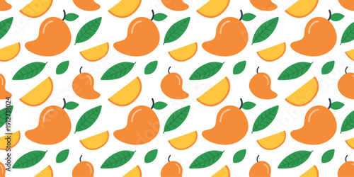 mango fruit seamless pattern flat design tropical background. sweet exotic food illustration for packaging, textile, wallpaper, or summer design. simple vector. pattern with white background 
