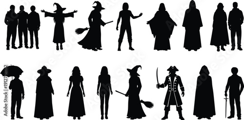 Halloween party people silhouette set with witches on broomsticks pirate with sword wizard in cloak hooded mystery figures and spooky fantasy costumes