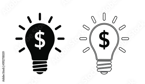 Black and white light bulb icons with dollar signs on isolated representing financial ideas and inspiration