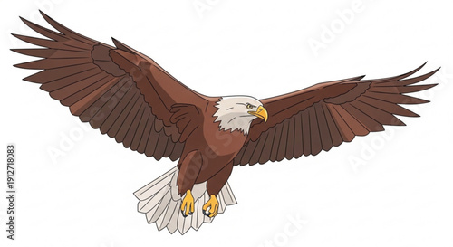 American bald eagle in flight with spread wings and white background