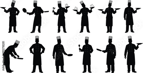 Professional chef silhouette collection featuring male cooks in uniform holding trays pans and kitchen utensils for restaurant catering and culinary design