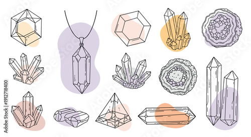 Collection of various hand drawn crystals and gemstones in different geometric shapes with colorful abstract background blobs.