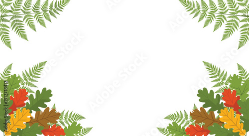 Frame border made of lush green fern leaves and autumn colored oak leaves at the corners of a clean white background.
