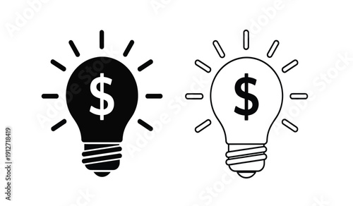 Black and white light bulb icons with dollar signs on a pure representing financial ideas and innovation