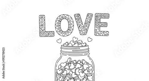 Love themed coloring page for adults featuring a decorative word and a glass jar overflowing with small heart symbols.