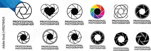 Professional photography logo collection featuring camera shutter aperture icons, lens diaphragm symbols, colorful iris designs, and creative branding elements for photographers and studios.