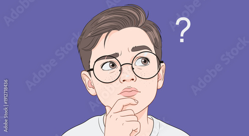 Illustration of a young boy wearing round glasses looking up thoughtfully with a question mark on a purple background.